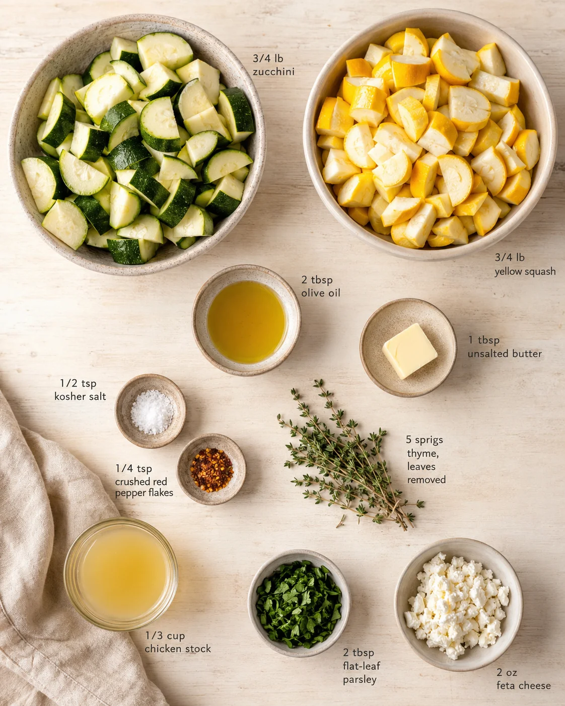 Top-down view of chopped zucchini and yellow squash with oil, butter, salt, herbs, and cheeses.